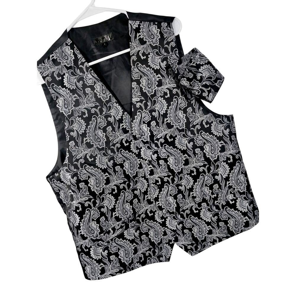 STUNNING BLACK AND SILVER PAISLEY PATTERNED FORMAL VEST & HANDKERCHIEF! SZ L